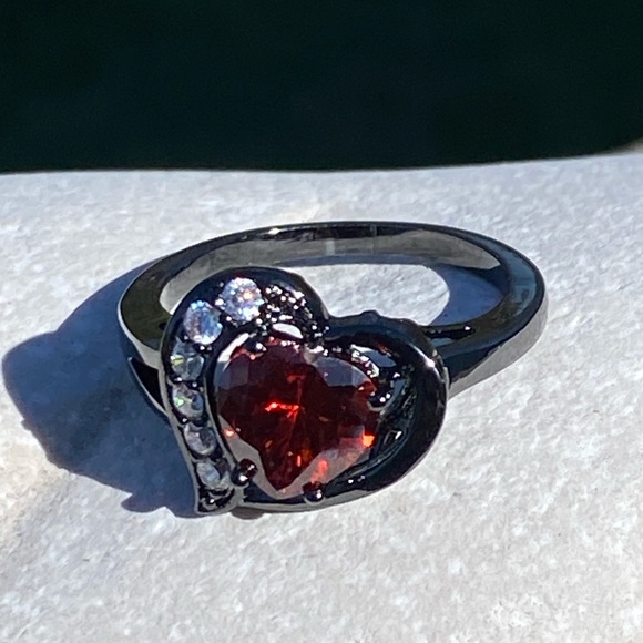 Lab created Ruby heart ring sz 8 black gold plated with Cz - Picture 15 of 16